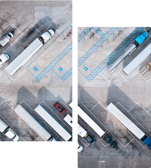 Two aerial views of a parking lot with trucks and cars.